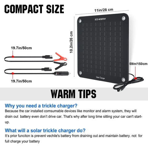 10W Solar Car Battery Charger Maintainer 12V Waterproof Portable Trickle Charger dimensions with compact size details
