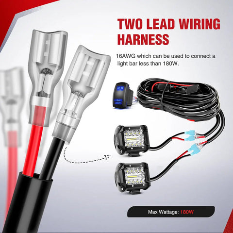 Led Pod Lights Wiring Harness Kit With 12V 5Pin Rocker Switch SPST Waterproof Toggle And Power Relay Blade Fuse Two Leads Black For Off Road Rigs And Trucks Easy Install With Built In Indicator LEDs For Nighttime Visibility 2 Years Warranty with two lead connectors and packaging displayed.