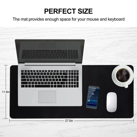 Gamer-Grade Extended Mouse Pad with Stitched Edges and Non-Slip Natural Rubber Base, 27.6 by 11.8 inches on desk with laptop