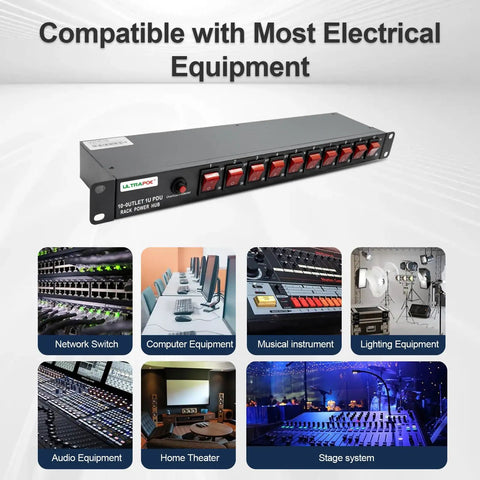 10 Outlet 1U Rack Mount PDU with Individual Switches, Surge Protector 100-240V 15A 1800J for Network Gear, 6 Ft Cord