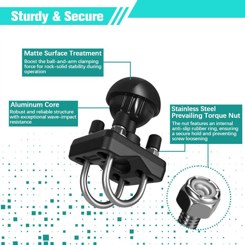 Double U Bolt 1.5 Inch Mount Base with aluminum core and stainless steel torque nut, ideal for anti-loosening and vibration resistance.