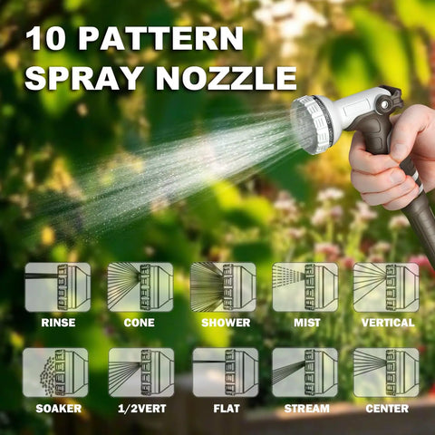 Hand holding garden hose with 10-pattern spray nozzle from Heavy Duty Wall Mounted Garden Hose Reel With Auto Rewind, 100 Plus 6 Feet Hose.