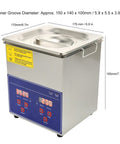 Heavy Duty Digital Ultrasonic Cleaner Built Tough With Stainless Steel Tank, showing controls and dimensions for optimal use.