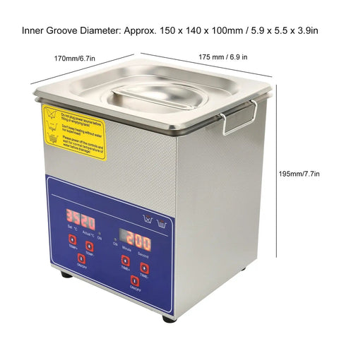 Heavy Duty Digital Ultrasonic Cleaner Built Tough With Stainless Steel Tank, showing controls and dimensions for optimal use.