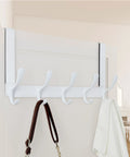 Over The Door Coat Hooks With Five Hooks And Towel Rack Door Hanger for coats and clothes space saving white organizer.