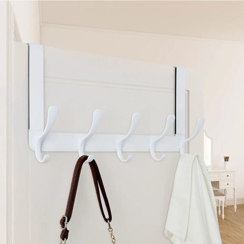 Over The Door Coat Hooks With Five Hooks And Towel Rack Door Hanger for coats and clothes space saving white organizer.