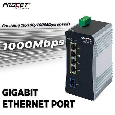 Industrial Four Port Din Rail Gigabit PoE Switch With 90W Per Port, rugged design for solar and remote installations.