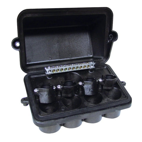 Four Light Pool Spa Junction Box In Black Easy Install Platform Design Handles Multiple Conduit Sizes Ground Bar Access Lid Secures With Just Two Screws