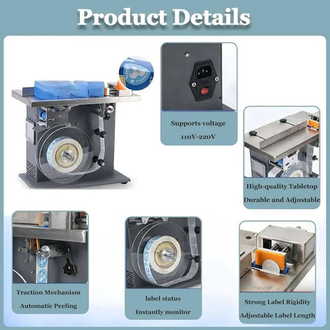 Semi Automatic Right Angle Label Applicator Machine With Microcomputer Control For High Accuracy Industrial Printing And Packaging Use Featuring 200W Power Output Efficiently Applying Fifteen To Thirty Labels Per Minute With Light Sensor Technology For, detailed view of tabletop model showing traction mechanism and automatic peeling.