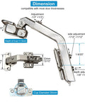 Dimensions of Straight Up Smooth Two Pack Concealed Cabinet Hinges Compatible With Corner Cupboards Full Overlay Face Frame Doors Adjustable Hydraulic 135 Degree Soft Closing Silver Hardware.