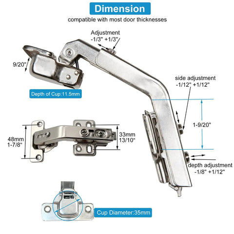 Dimensions of Straight Up Smooth Two Pack Concealed Cabinet Hinges Compatible With Corner Cupboards Full Overlay Face Frame Doors Adjustable Hydraulic 135 Degree Soft Closing Silver Hardware.