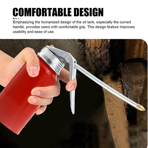 Top Shelf Cold Rolled Steel Hand Pump Oil Cans in hand, showcasing the comfortable grip of the 200 Milliliter design.