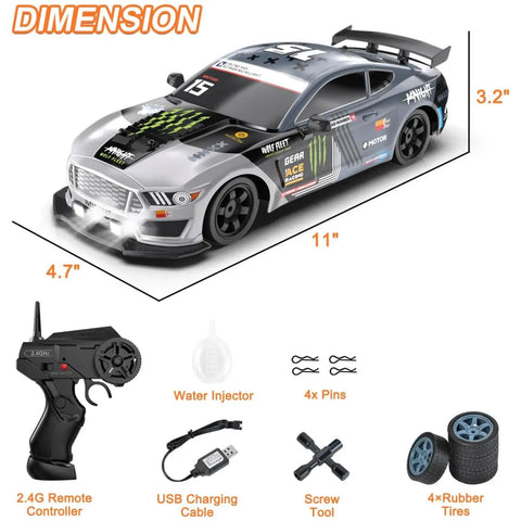One Sixteenth Scale RC Drift Car With 4WD Power, Beast Speed At 18 Plus KmH, LED Lights And Spray FX, dimensions and accessories