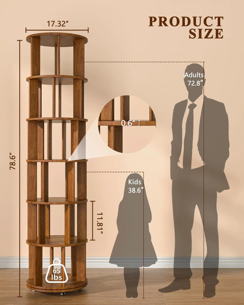 Six Tier Solid Wood Rotating Bookshelf On Wheels With Smooth Three Sixty Spin And Locking Wheels Makes This Round Walnut Bookcase A Real Game Changer For Tiny Bedrooms Or Offices While Providing Super Sturdy Storage And Zero Hustle Access