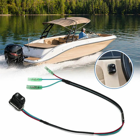 Outboard Trim Tilt Switch Replacement With Direct OEM Fit For Yamaha And Mercury Mariner shown with boat and installation detail.