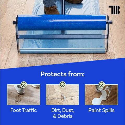 Blue Floor Protection Film 24x500 Ft Heavy Duty Self Adhesive Shield applied on hardwood to protect from dust, dirt, and spills.