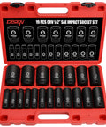 Heavy-Duty 19-Piece One-Half Inch Drive SAE Impact Socket Set With Deep Sockets From Three-Eighths To One And One-Half Inches