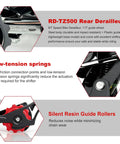 Close-up of RD-TZ500 Rear Derailleur features and specs, highlighting steel body, low-tension springs, and silent resin guide rollers.