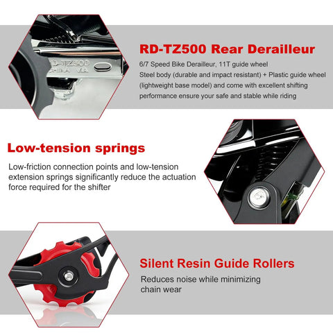 Close-up of RD-TZ500 Rear Derailleur features and specs, highlighting steel body, low-tension springs, and silent resin guide rollers.