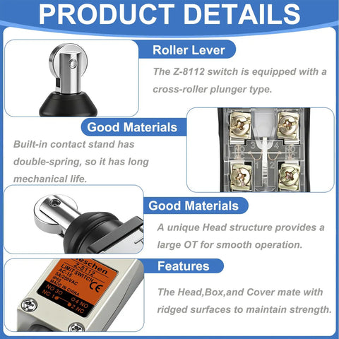Product details of Beefy Parallel Roller Plunger Limit Switch DPDT 5A 250VAC IP65 Waterproof Enclosed Momentary NO NC Dual-Circuit Signal Switch For CNC Mill Laser Plasma Machinery.