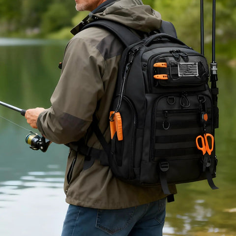 Person fishing by a lake wearing 50L Fishing Tackle Backpack With Removable Lure Wraps, Four Clear View Tackle Boxes, Two Rod Holders.