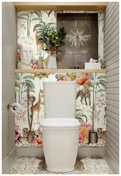 Bathroom with Forest Peel And Stick Floral Wallpaper With Jungle Animals Removable White Green Pink Vinyl Self Adhesive Mural