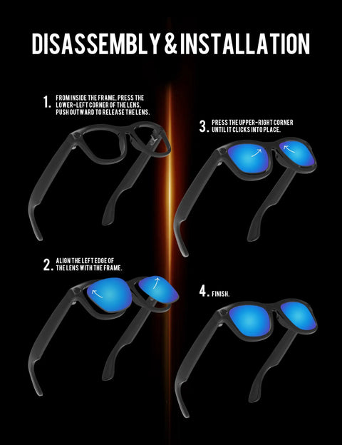 Disassembly installation guide for polarized replacement lenses for Ray-Ban Meta Wayfarer 50mm smart glasses.