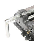 Close-up of Fabater Drill Press Vise Heavy Duty Steel Construction With Heightened And Widened Jaws for precise clamping.