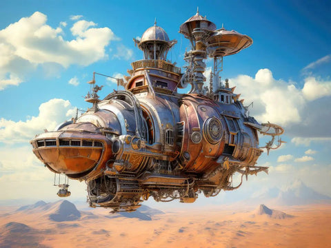 Steampunk airship over desert in Airship Fantasy Jigsaw Puzzle Standard Edition Large Size Perfect Gift For Adults, Teens, And Kids 14 And Up.