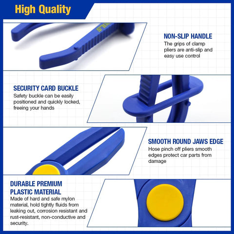 Front view of Evertools 6-piece hose pinch clamp pliers set with blue handles and Oxford tool bag.