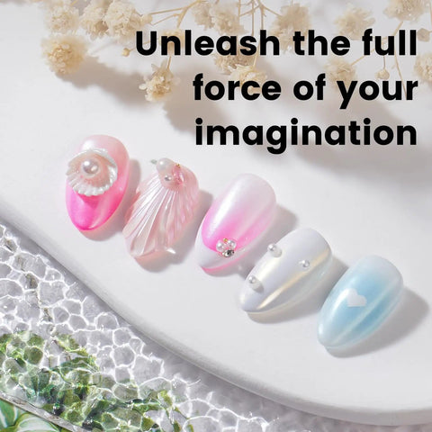 HEMA Free Gel Polish Kit Two Pack 18 Ml Light Pink And Hot Pink with Chrome nail powder showcasing nail art on white background.