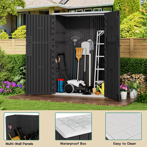 Outdoor Vertical Storage Shed 57 Cu Ft Waterproof Resin Cabinet for garden tools and equipment in backyard setting