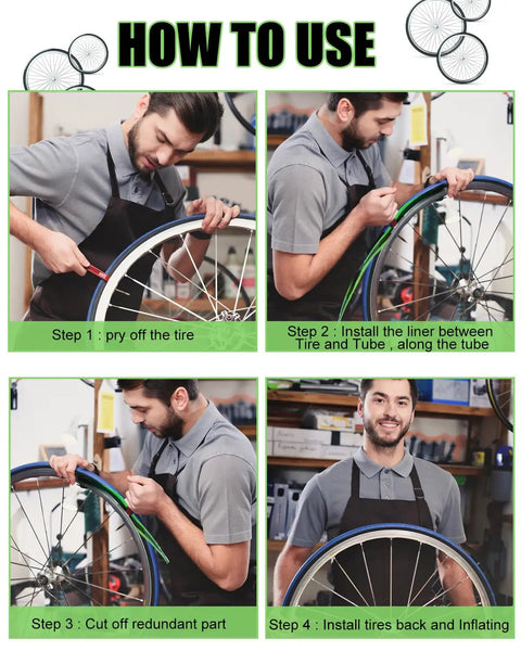 Man demonstrating installation of Bike Tire Liner Inner Tube Flat Protector For 12in To 29in Wheels in a step-by-step guide.