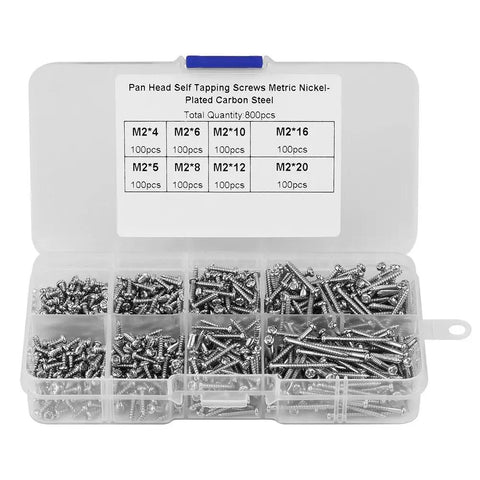 M2 Self Tapping Screws Assortment Kit 800Pcs 8 Sizes 4mm To 20mm in box, cross drive pan head plated carbon steel