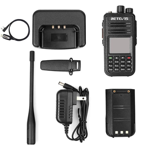 RT3S DMR Radio Dual Band Two Way Ham Radio With Cable OpenGD77 Support, charger, antenna, belt clip, and power adapter.