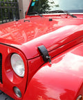 Locking Hood Latch Kit For Jeep Wrangler Skull Style Aluminum Alloy Hood Locks, Heavy Duty Bolt-On installed on red Jeep