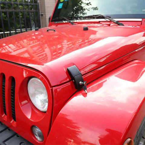 Locking Hood Latch Kit For Jeep Wrangler Skull Style Aluminum Alloy Hood Locks, Heavy Duty Bolt-On installed on red Jeep