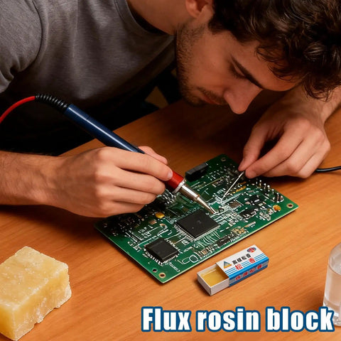 Rosin Flux Soldering Paste Dope 10 Piece High Purity Cream for precise PCB joints on motherboards, shown with soldering tool.