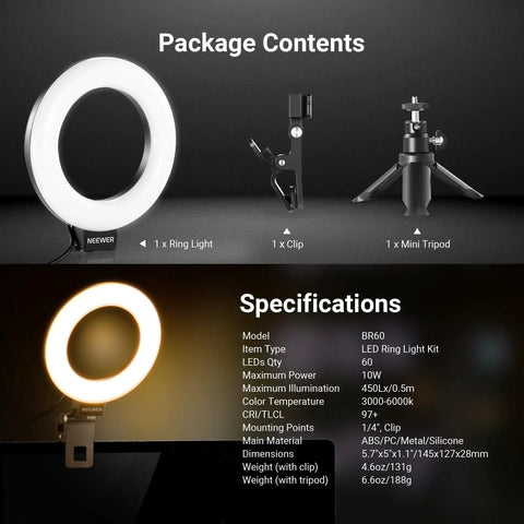 Clip On Desk Ring Light for Video Calls and Streaming, 5 Inch USB LED BR60 Ring Light With Clip Mount and Mini Tripod, packaging and specifications