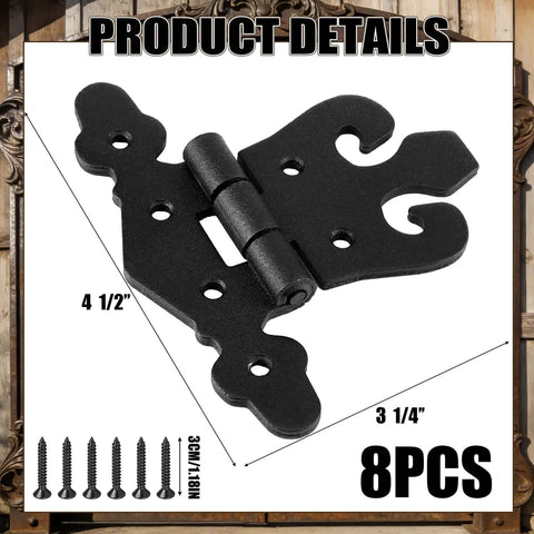 Eight Pack 4.5 Inch Antique Cast Iron T Hinges, Heavy Duty Black Powder Coated Wrought Iron, Flush Mount Barn Door Shed Hinges With Hardware