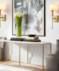 Rustic Industrial Wall Sconce With Flared White Textile Shade And Antique Brass Tapered Column Stand Hardwired E26 Base