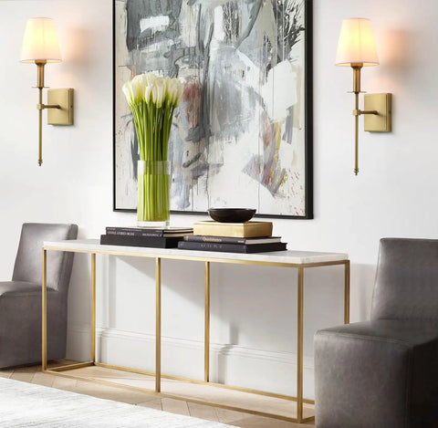 Rustic Industrial Wall Sconce With Flared White Textile Shade And Antique Brass Tapered Column Stand Hardwired E26 Base