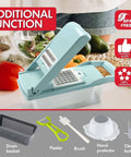 Front view of Ourokhome blue 12-in-1 vegetable chopper with drain basket; includes 8 blades, peeler, brush.