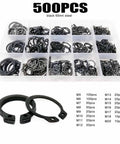 500 Pieces M5 To M20 External Circlip Snap Ring Set Stainless Steel in divided tray, showcasing black 65Mn steel rings.