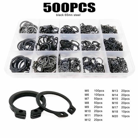 500 Pieces M5 To M20 External Circlip Snap Ring Set Stainless Steel in divided tray, showcasing black 65Mn steel rings.