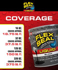 Coverage chart for Flex Seal Liquid Rubber Sealant, showing coverage for 16 oz, 32 oz, 128 oz, and 320 oz sizes.