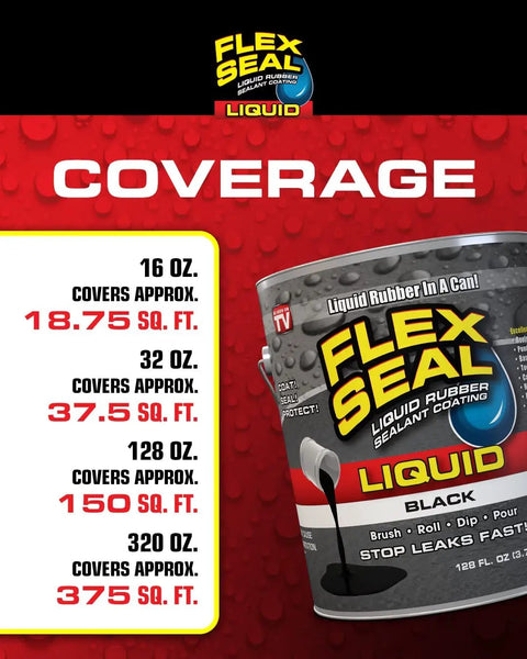 Coverage chart for Flex Seal Liquid Rubber Sealant, showing coverage for 16 oz, 32 oz, 128 oz, and 320 oz sizes.