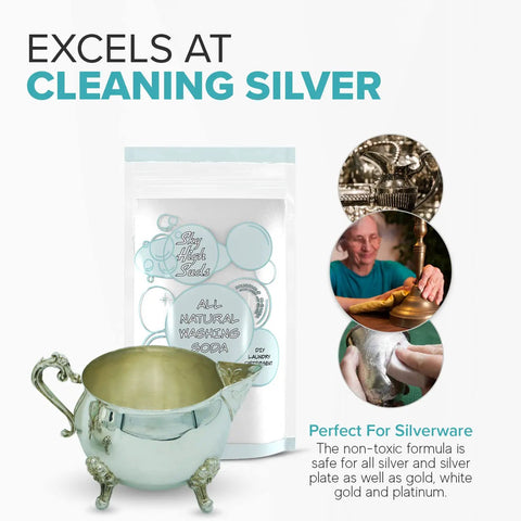 2 Pound All Natural Washing Soda Soda Ash For Laundry And Heavy Cleaning Made In The USA In A Reusable Bag with silverware