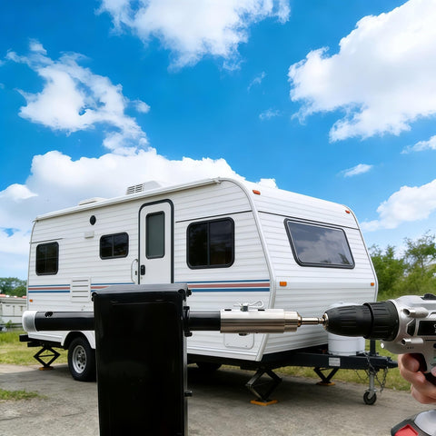 Trailer Jack Drill Adapter For 1 Inch Drive Shaft, Stainless Steel Heavy Duty Power Tool on RV with cordless drill in use