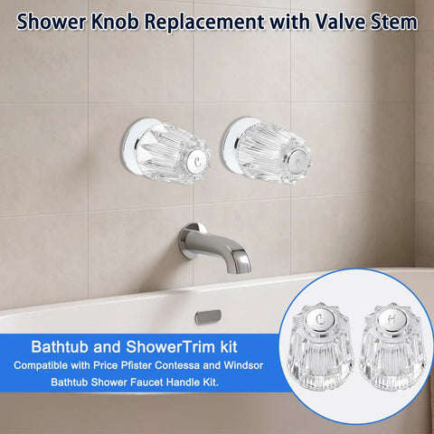 Two Piece Bathtub Shower Knob Rebuild Kit With Clear Acrylic Handles Stems Seats And Flanges For Hot And Cold Water No Fuss Upgrade